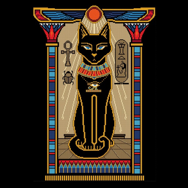 Bast Cat Ancient Egyptian Temple Godess using metallic gold with Heiroglyphics - PDF download chart by Vivsters - Cross Stitch Pattern 027