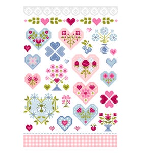 Cross stitch pattern Love Hearts and Roses, fruits and flowers Sampler in pinks and blues, traditional counted PDF chart by Vivsters 282B