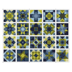 Gráfico de punto de cruz Patrón de bloques de patchwork para colcha Cuadrados Versión verde algas marinas Diseño de arte popular de Viv - Patrón contado en PDF 066B