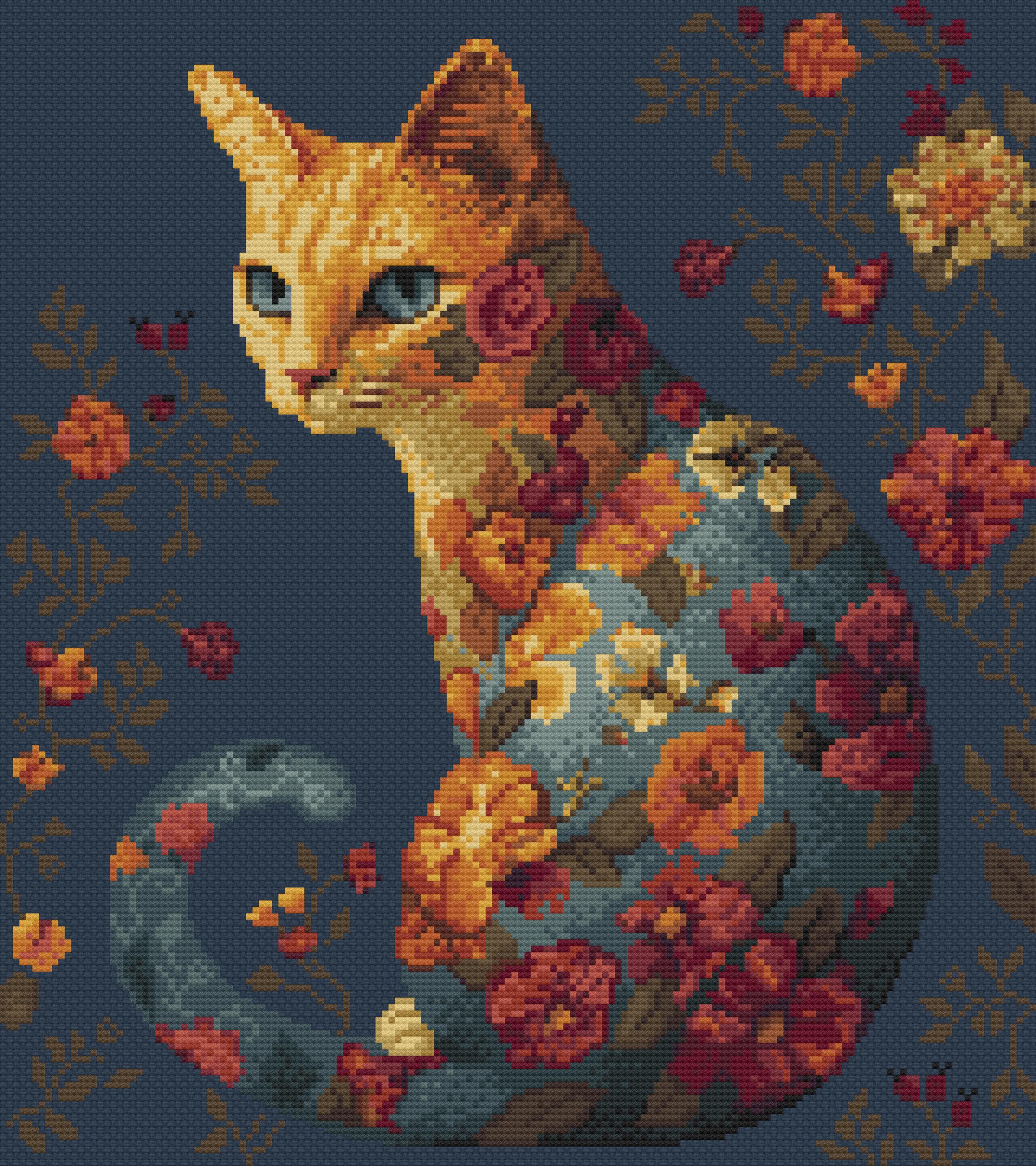 猫のクロスステッチパターン：秋の花と葉（PDF カウントチャート 294 