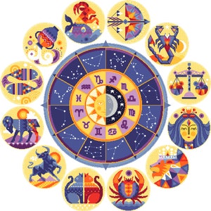 Patrón punto de cruz Zodíaco Celestial Sol y Luna - Horóscopo Astrológico WARM COLORWAY - Gráfico punto de cruz Signo estelar PDF instantáneo - 010Q