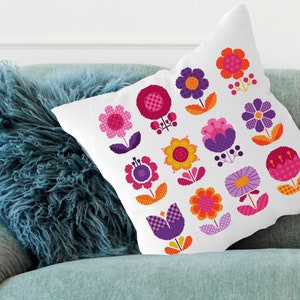 Schattig patchwork zomer retro bloemen kussen roze en sinaasappels - eenvoudig kruissteekdiagram - Instant PDF downloaden door Vivienne Powers - 061B