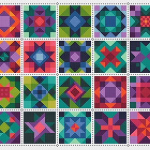 Gráfico de punto de cruz para colcha de patchwork, patrón de bloques de cuadrados, colcha en colores de Gemstone Forest, diseño Folk Art de Viv - Patrón contado en PDF 066A