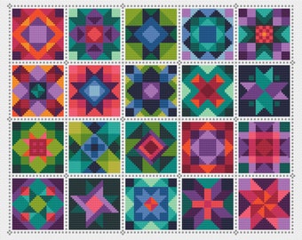 Patchwork-Quiltblock-Kreuzstichmuster: Edelsteinwald-Version (PDF-Zählvorlage 066A)