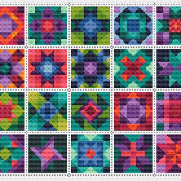 Patchwork Quilt Block Cross Stitch Pattern: Gemstone Forest version (PDF Counted Chart 066A)