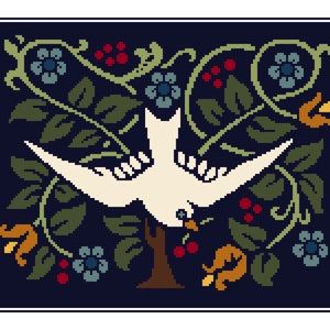 Cross Stitch Swallow Bird in Tree with Flowers Arts and Crafts/Art Nouveau Movement, Medieval style chart by Vivsters PDF counted chart 095A