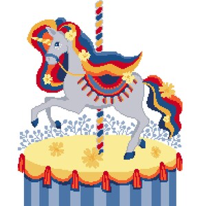 Puede incluir: Ilustración de un caballo de carrusel con cuerno de unicornio. El caballo gris tiene una melena y cola coloridas, adornadas con flores amarillas. Se encuentra sobre una plataforma amarilla con un poste a rayas azules y rojas, sobre un fondo blanco.