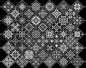 Cross Stitch Quaker Sampler - White monochrome tiled patchwork squares on black - Modern Folk Art design by Vivsters -PDF counted chart 042E