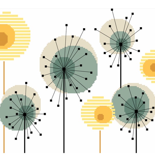 Kreuzstichvorlage, skandinavischer Stil Blumenwiese mit Pusteblumenuhren, Mid Century Modern Kreuzstichvorlage - 060