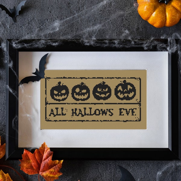 Easy Cross Stitch Autumn Halloween Fun Pumpkins, All Hallows Eve - 1 colour mono - Brass rubbing style Art design - PDF counted chart 012B