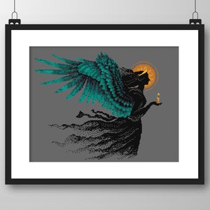 Cross stitch pattern Beautiful Dark Christmas Angel with open wings holding candle Floating Silhouette cross stitch chart by Vivsters 149 image 4