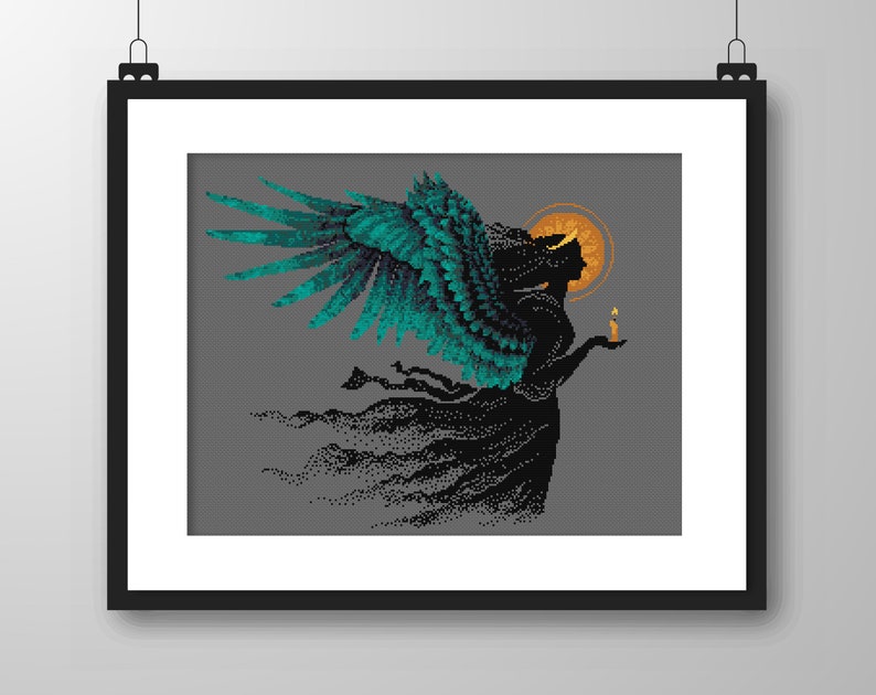 Cross stitch pattern Beautiful Dark Christmas Angel with open wings holding candle Floating Silhouette cross stitch chart by Vivsters 149 image 4