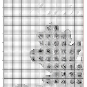 May include: A black and white cross stitch pattern on a grid featuring a large oak leaf design. The chart includes various symbols for stitching, numbered axes, and the text "2026 Rustic English Oak - Vivienne Powers" at the bottom.