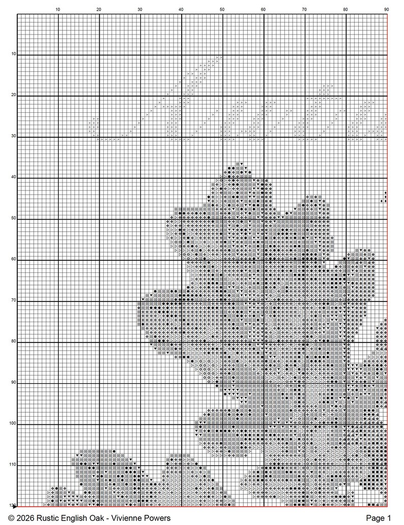 May include: A black and white cross stitch pattern on a grid featuring a large oak leaf design. The chart includes various symbols for stitching, numbered axes, and the text "2026 Rustic English Oak - Vivienne Powers" at the bottom.
