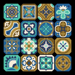 Kreuzstichmuster Blaue marokkanische Fliesen – Osmanische/Boho-islamische/arabische Architektur – Ethnische Volkskunst – Zählkarte 264