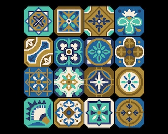 Cross Stitch Pattern Blue Moroccan Tiles - Ottoman/Bohemian Islamic/Arabic Architecture - Ethnic Folk Art - counted chart 264