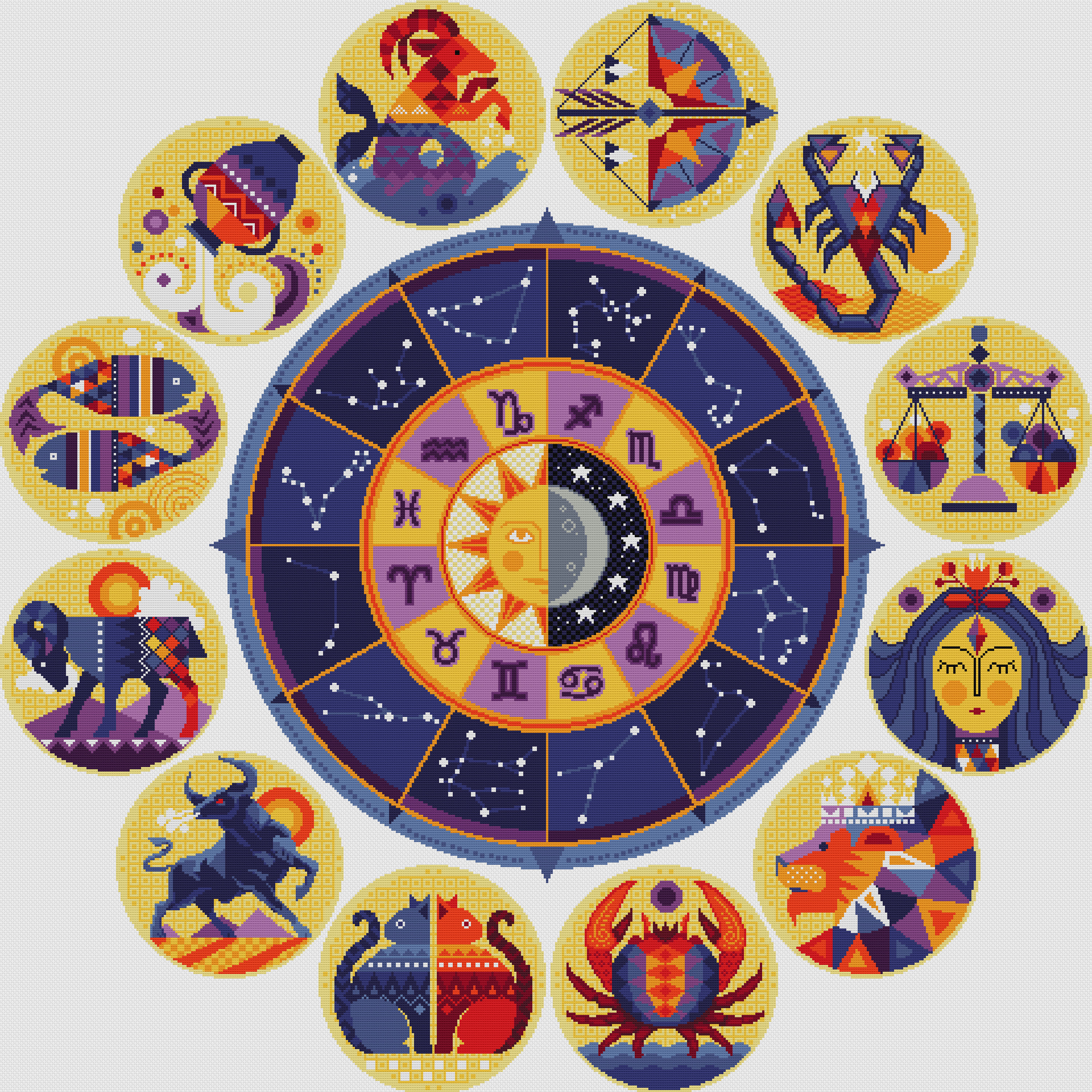 Zodiac Cross Stitch Pattern: Celestial Sun and Moon Purple Version