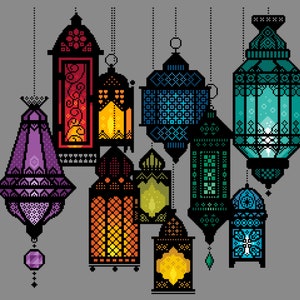 Cross Stitch Moroccan Lanterns, Festival of lights, Bohemian Arabian Ramadan, Candle votive lamps design by Vivsters PDF counted chart 279