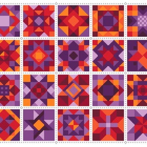 Gráfico de punto de cruz Patrón de bloques de patchwork para colcha Cuadrados en color rojo y morado - Diseño Folk Art de Viv - Patrón contado en PDF 066C