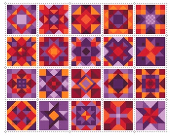 Cross Stitch Chart Patchwork Quilt Block Pattern Squares Quilt in Red Purple colourway - Folk Art design by Viv - PDF counted pattern 066C