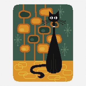 May include: A black cat with large eyes sits in front of a green wall with a mid-century modern pattern of yellow and green circles. The cat is facing the right side of the image.
