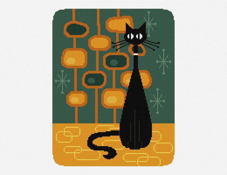 May include: A black cat with large eyes sits in front of a green wall with a mid-century modern pattern of yellow and green circles. The cat is facing the right side of the image.