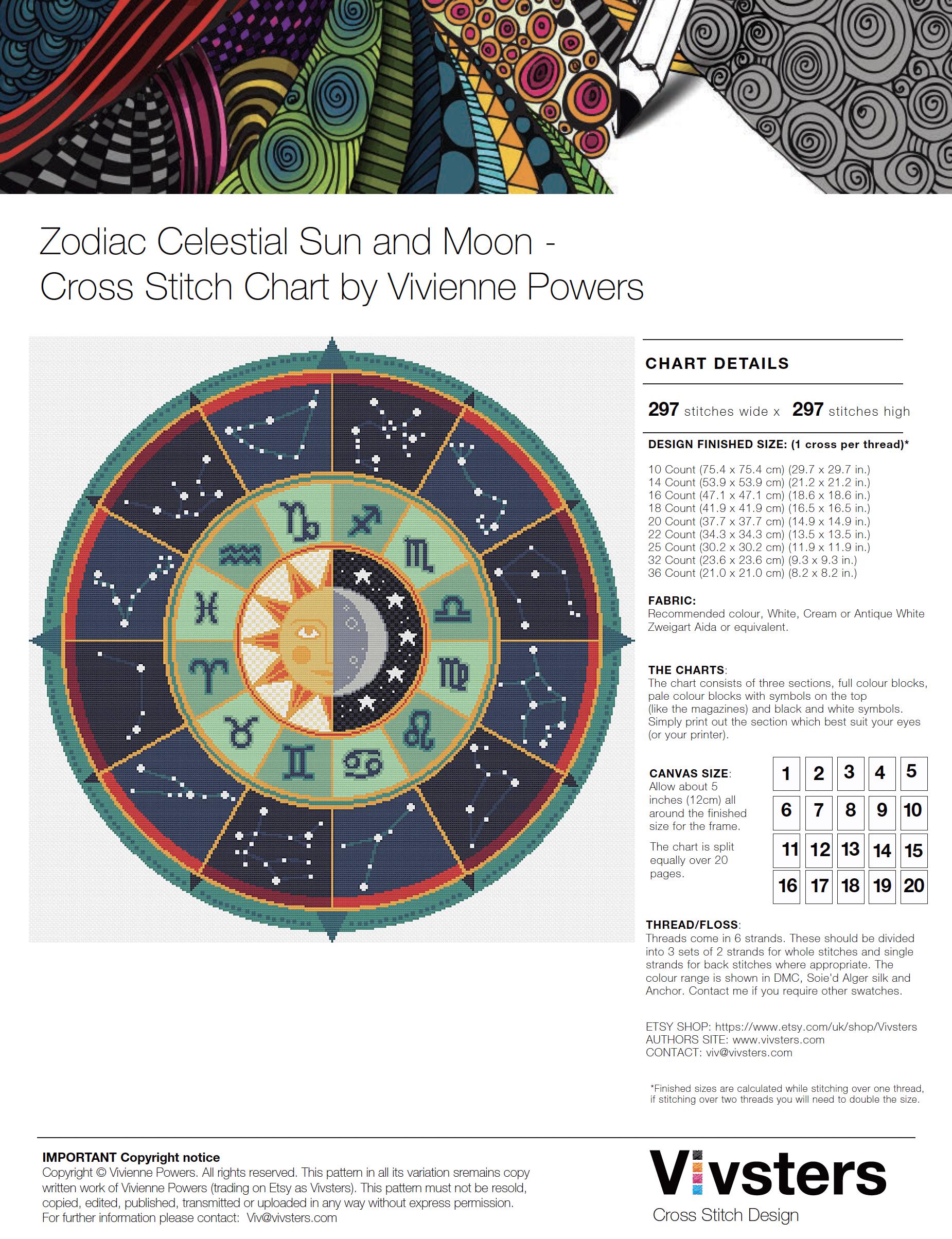 Zodiac Cross Stitch Pattern: Celestial Sun & Moon Horoscope (PDF