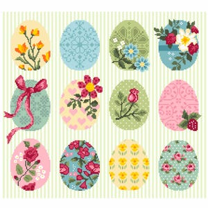 Patrón de punto de cruz El conjunto de muestra de búsqueda de huevos de Pascua de 12 huevos florales de primavera diseño popular primaveral shabby chic de Vivsters gráfico contado 299