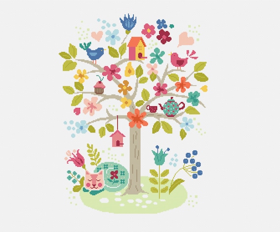 Patrón de punto de cruz: Árbol escandinavo y gato de Cheshire durmiendo en  el jardín, fiesta de té, pájaros adorables. Gráfico PDF contado por  Vivsters 146A/B - Etsy México, image size:570x473
