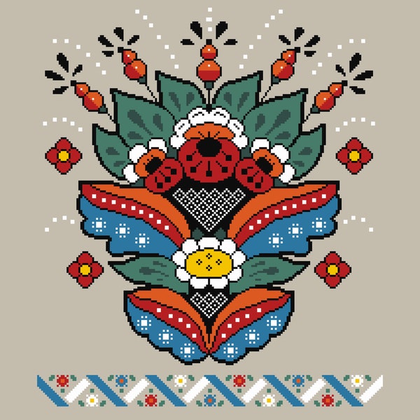 Cross stitch pattern Swedish Kurbits stylised Flowers and Gourds Cucurbita Tree of Life Folk Art, c1780s traditional PDF chart by Viv 099