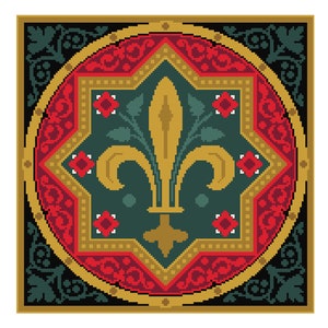 Peut inclure: Un motif de fleur de lys dorée avec des accents rouges et verts dans un cadre circulaire. Le cadre a un fond noir avec des motifs floraux complexes.