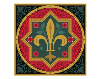 Cross Stitch Christmas Medieval Fleur de Lys cushion cross stitch - Saint Chapelle Traditional Tile by Vivsters - PDF counted chart 015