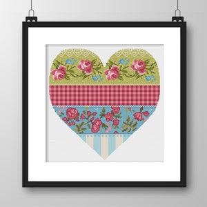 Cross Stitch Patchwork Heart - Victorian Rose Block Stitched Quilt - Modern Shabby Chic Folk Art design by Vivsters - PDF counted chart 114