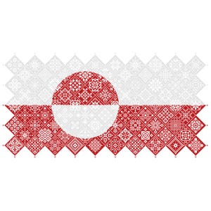 May include: A stylized Greenlandic flag design. The flag features a red and white color scheme with a large white circle on the left side, and a red and white pattern on the top and bottom. The design incorporates geometric and floral patterns.