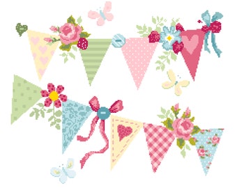 Cross Stitch Floral Shabby Chic Summer Garden Party Bunting with hearts and roses - Modern design by Vivsters - PDF counted chart 230