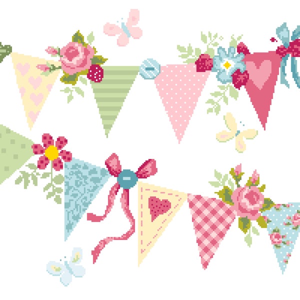 Cross Stitch Floral Shabby Chic Summer Garden Party Bunting with hearts and roses - Modern design by Vivsters - PDF counted chart 230