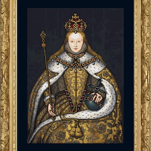 May include: A cross-stitch embroidery depicting a royal figure wearing a crown, a gold patterned gown, and a white ermine-spotted cape. The figure holds a scepter and an orb, set against a dark background within an ornate gold-coloured frame.