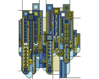Cross Stitch pattern Art Deco 1920s Saguaro Blue-Green colourway - Geometric - Art masters - PDF counted chart 251A
