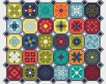 Cross Stitch Quaker Sampler, Octagon tiled patchwork Flowers on white, Modern Folk Art design by Vivsters - PDF counted chart 098