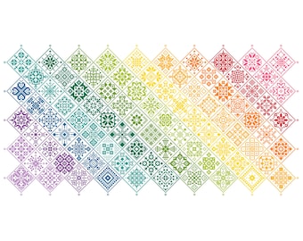 Può includere: Un motivo a punto croce con una griglia di elementi a forma di diamante disposti in uno spettro di colori. Il design sfuma dal viola e blu a sinistra al verde, giallo, arancione e rosso a destra, con dettagli geometrici complessi.