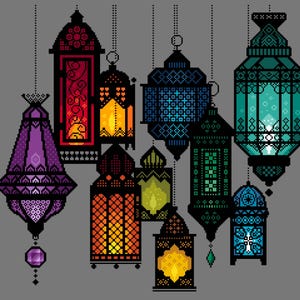 Moroccan Lanterns Cross Stitch Pattern: Bohemian Ramadan Design (PDF Counted Chart 279A)