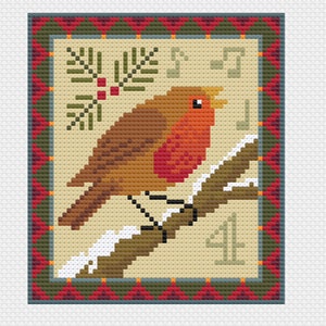 Mini schema a punto croce per i 12 giorni di canti natalizi, 4° giorno Quattro uccelli canterini Robin, biglietto di auguri di Vivsters, schema contato PDF 094D