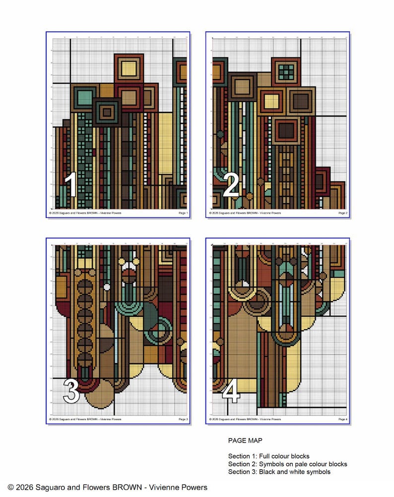 Art Deco Cross Stitch Pattern: Saguaro and Flowers, Brown version (PDF Counted Chart 251D) image 4