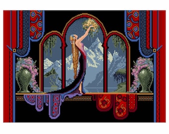 May include: A cross-stitch pattern featuring a figure with long blonde hair reaching toward a golden light within an arched window frame. The scene includes snow-capped mountains, two green vases with pink flowers, and decorative red and blue borders.