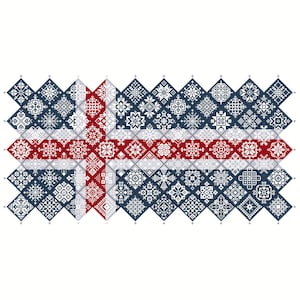 Cross Stitch Quaker Sampler Islandia Bandera mosaico mosaico cuadrados diseño patriótico por Vivsters, PDF contado gráfico 042IS