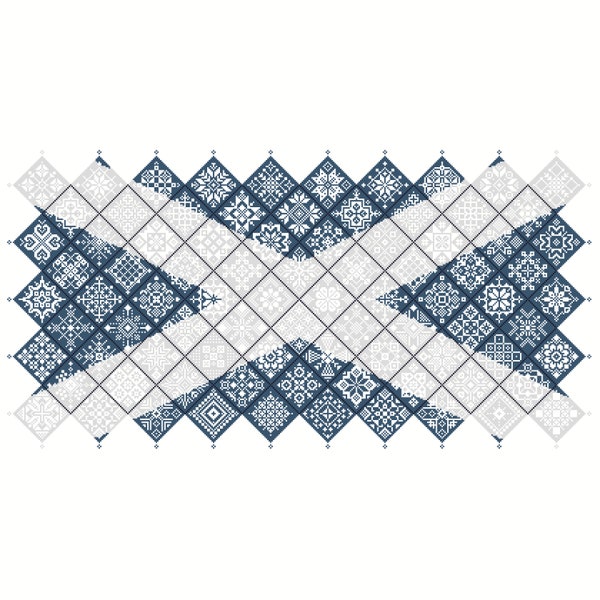 Cross Stitch Quaker Sampler Scotland St Andrews Flag tiled patchwork squares patriotic design by Vivsters, PDF counted chart 042SCT