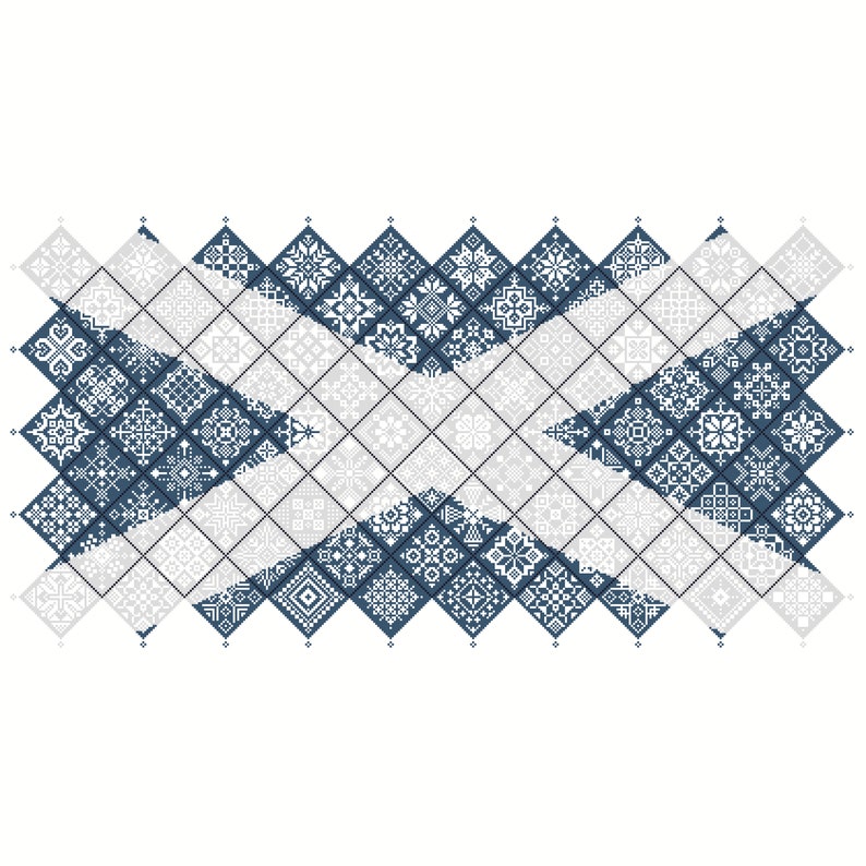 Cross Stitch Quaker Sampler Scotland St Andrews Flag tiled patchwork squares patriotic design by Vivsters, PDF counted chart 042SCT image 1