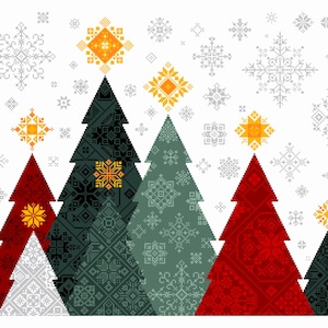 Può includere: Illustrazione digitale di alberi di Natale stilizzati in rosso, verde e grigio, adornati con ornamenti a forma di stella. Gli alberi sono ambientati su uno sfondo bianco con motivi a fiocco di neve, creando un design festivo.