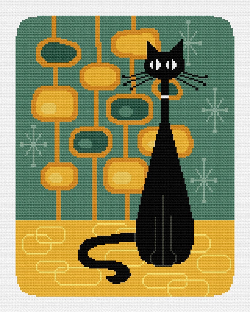 May include: A black cat with a white collar sits in front of a teal and yellow geometric pattern. The cat is facing to the right and has its tail curled behind it.