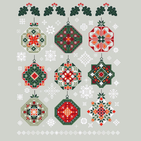 Cross Stitch Christmas Tree Baubles with Holly and Snowflakes Sampler, Quaker Winter Holidays - Folk Art by Vivsters, PDF counted chart 063